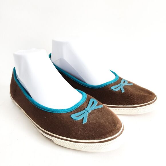 dELiA*s Shoes - 90's Y2K dELiA's Brown Blue Trim Bow Ballet Flats Corley Vegan Size 8 Coquette